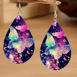 Mystical Purple Butterfly Wooden Teardrop Earrings
